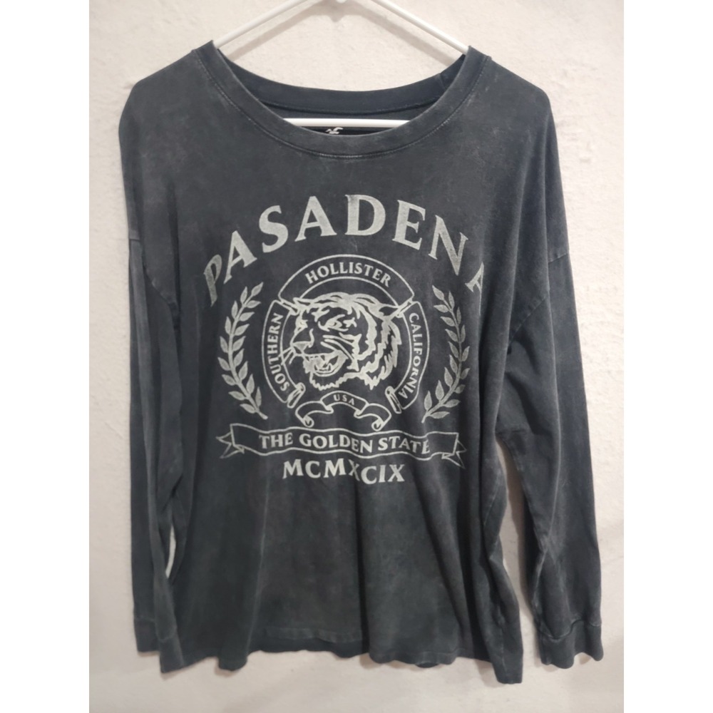 Hollister Pasadena Tiger Graphic Tee Shirt Large L Long Sleeve Washed Black